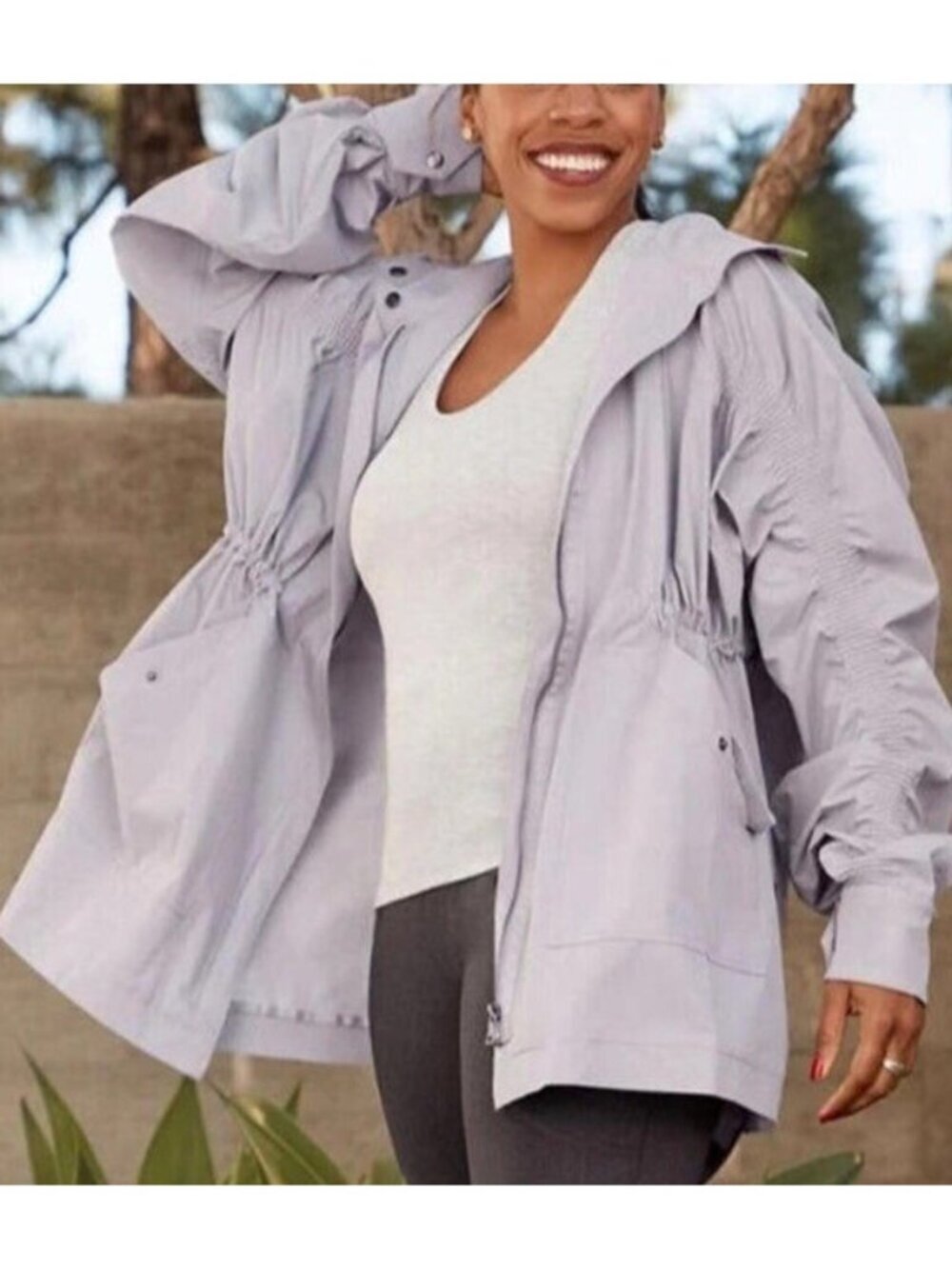 Fabletics Women's Sz S Giana Gray Ruched Sleeve Oversize Hooded Jacket